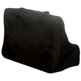 A black bag featuring a zipper, designed for storage and organization, placed against a neutral background.